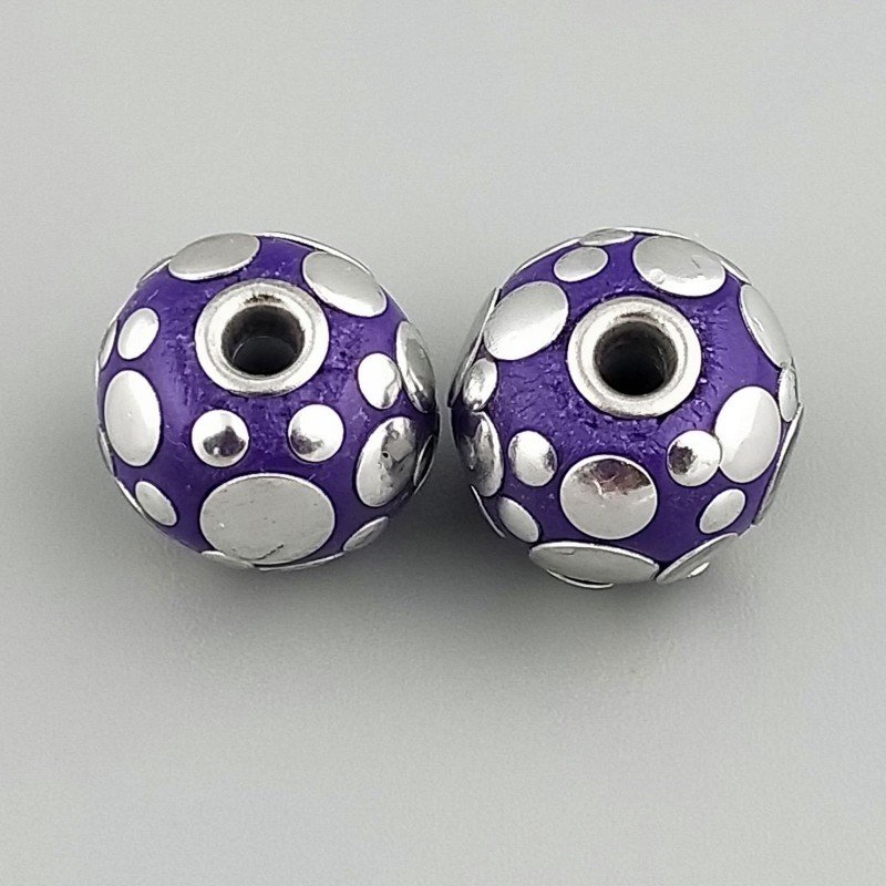 Perlina foro largo piccolo viola con cerchi d'argento su di esso 13.5x8.5mm 1pz