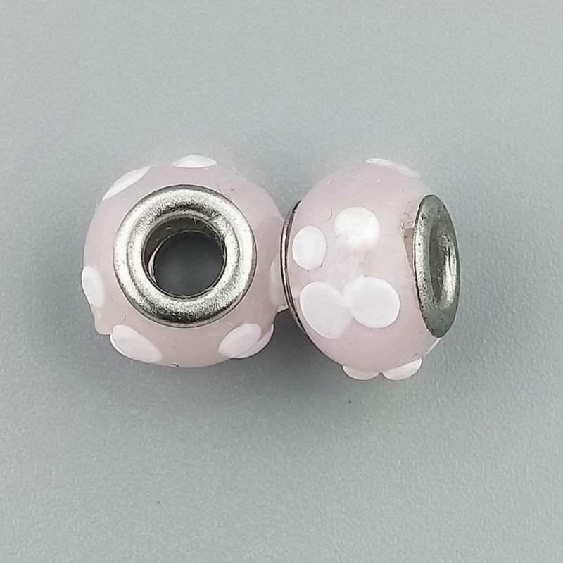 Perlina foro largo rosa baby con dott bianco 13.5x8.5mm 1pz