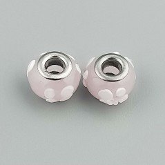 Perlina foro largo rosa baby con dott bianco 13.5x8.5mm 1pz
