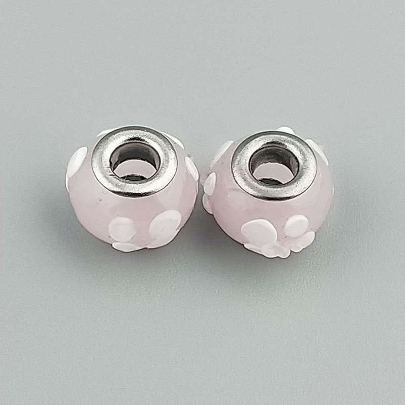 Perlina foro largo rosa baby con dott bianco 13.5x8.5mm 1pz