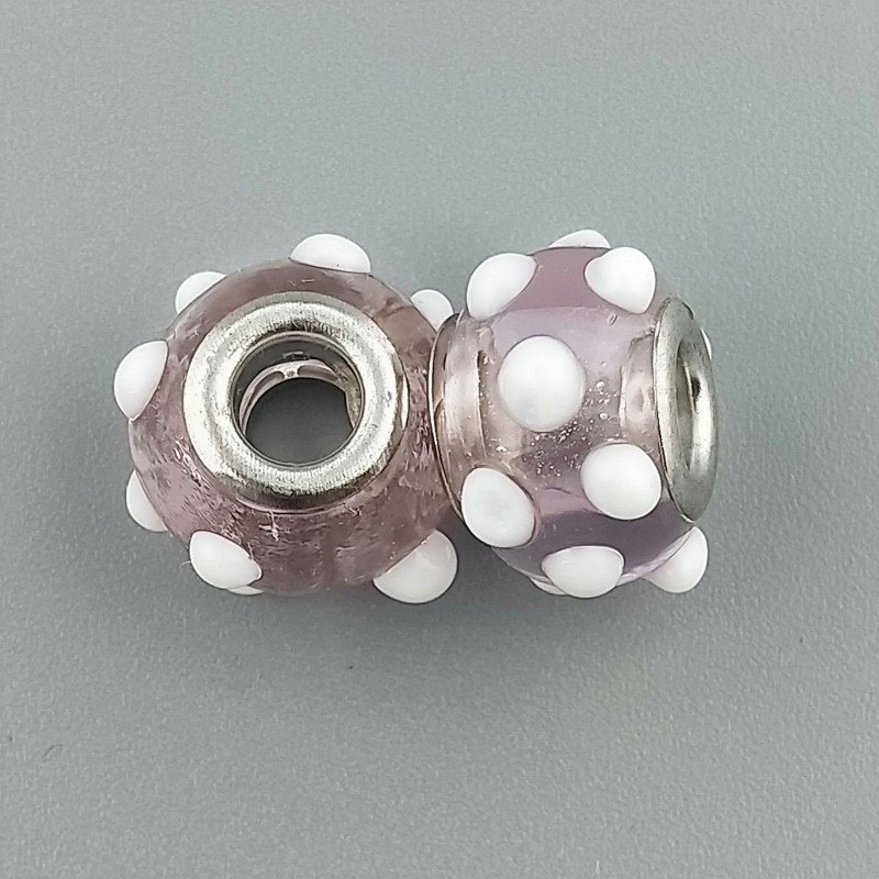 Perlina foro largo rosa con dott bianco 13.5x8.5mm 1pz