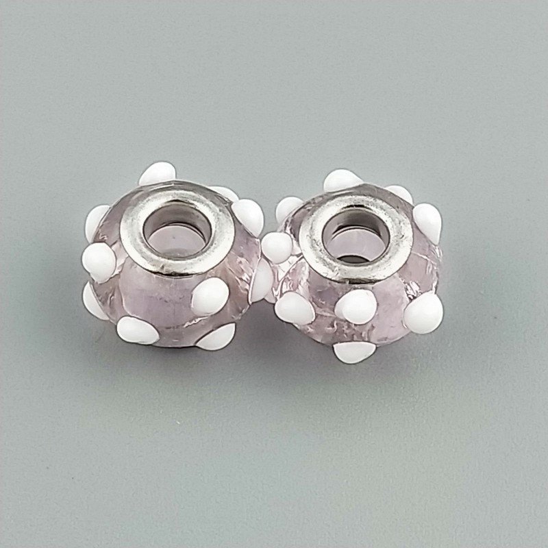Perlina foro largo rosa con dott bianco 13.5x8.5mm 1pz