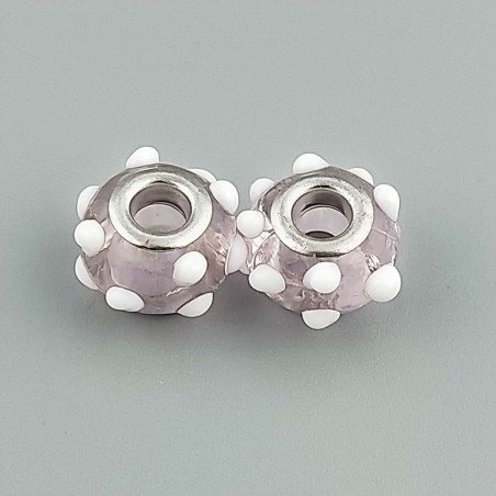 Perlina foro largo rosa con dott bianco 13.5x8.5mm 1pz