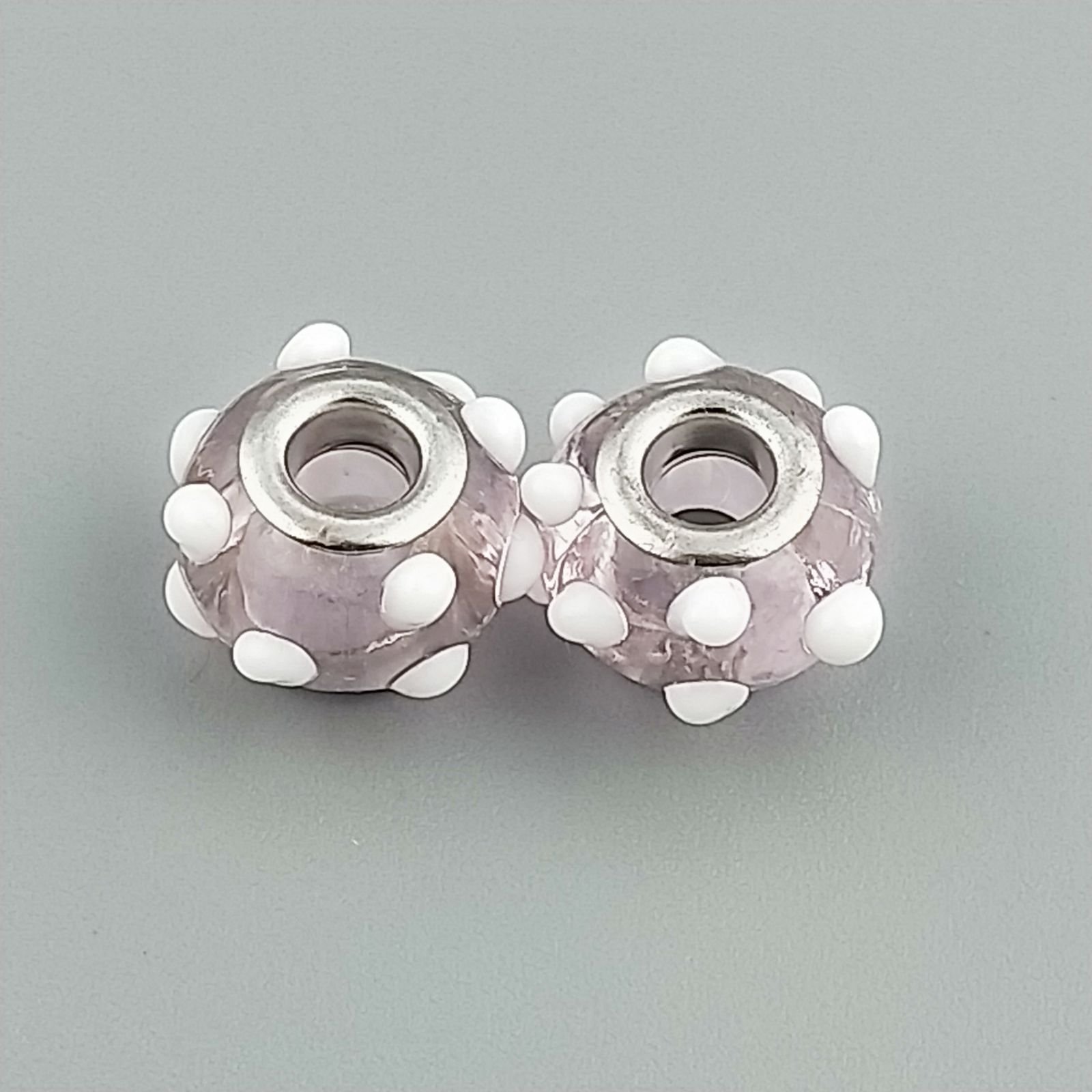 Perlina foro largo rosa con dott bianco 13.5x8.5mm 1pz