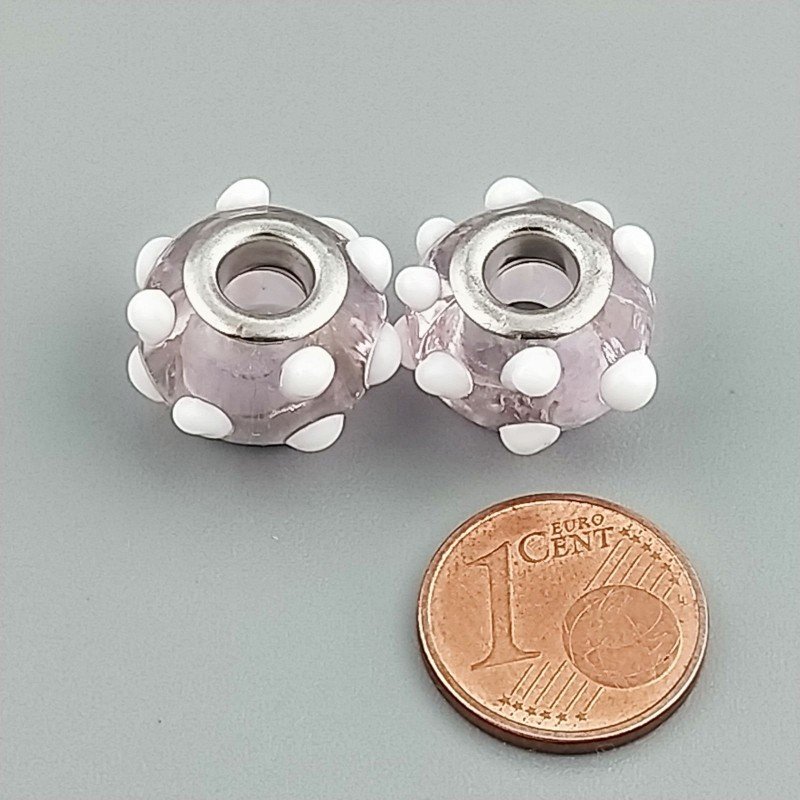 Perlina foro largo rosa con dott bianco 13.5x8.5mm 1pz