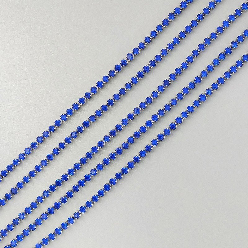 Catena Di Ottone Con Strass Incastonati 02mm Blu-Argentato 1mt