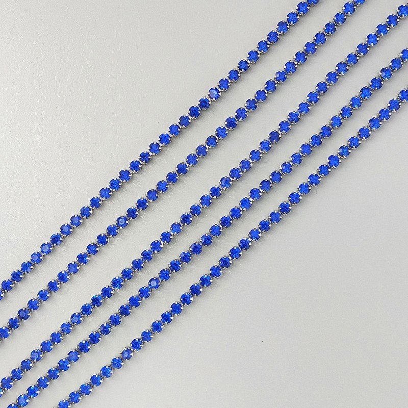 Catena Di Ottone Con Strass Incastonati 02mm Blu-Argentato 1mt
