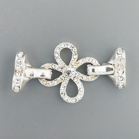 Chiusura In Ottone Forma Fiore Con Zircone Bianco 24mm E Coppetta 08mm A 2 Fili Calamita-Argento 1pz
