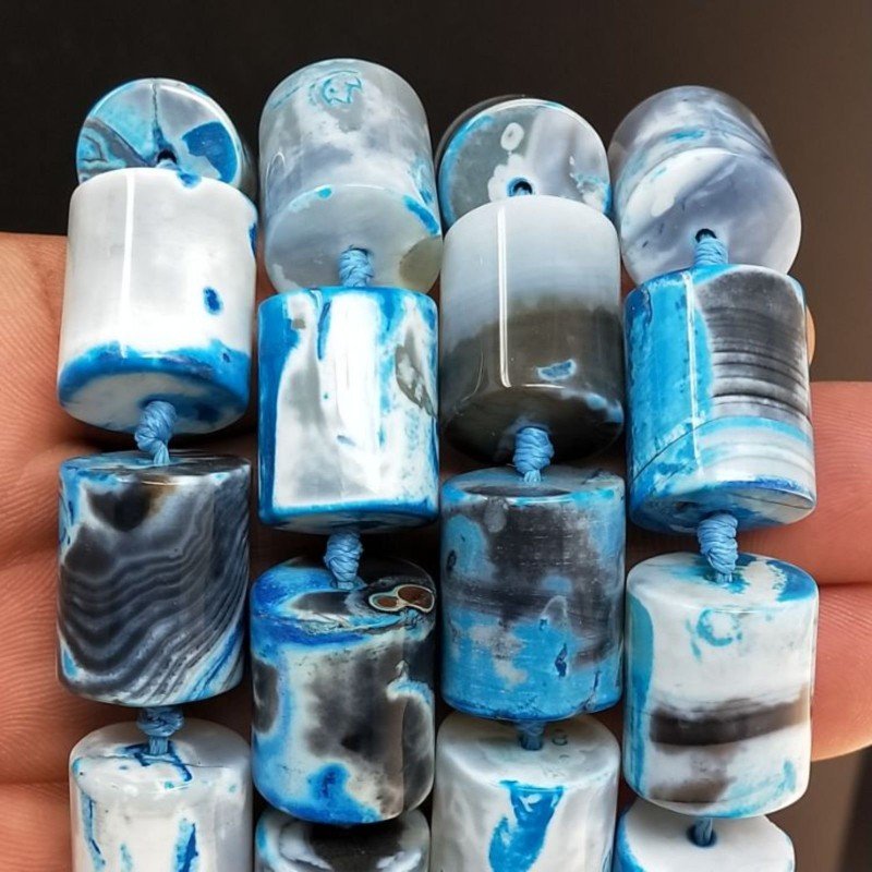 Agata Brasiliana Blu Striata Perline Forma Cilindro Liscio 15x18mm