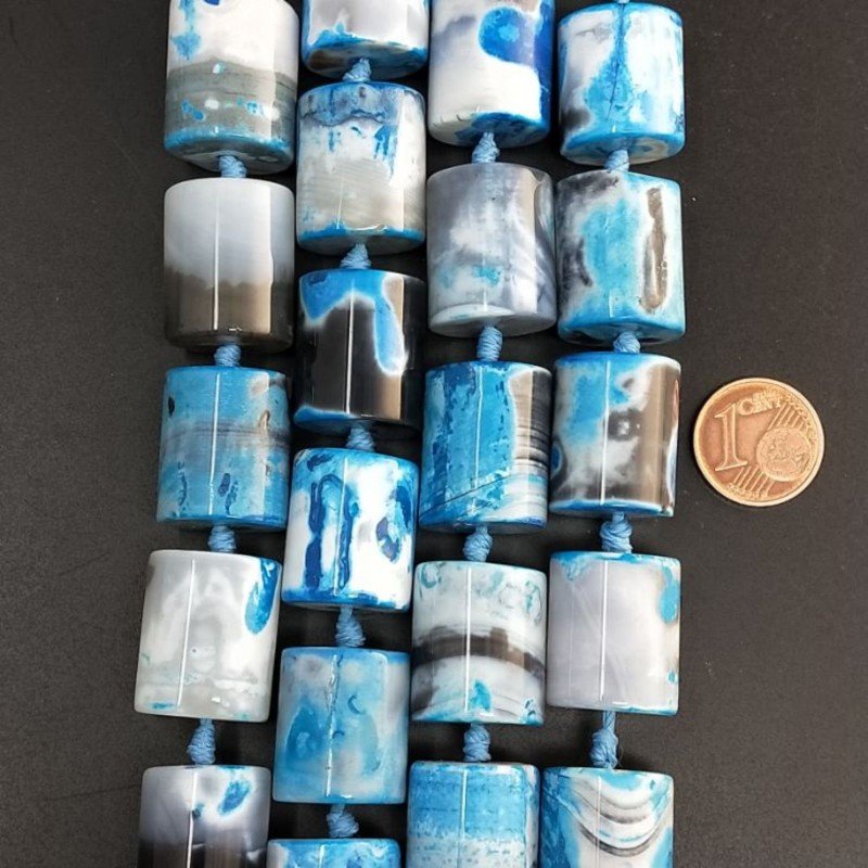Agata Brasiliana Blu Striata Perline Forma Cilindro Liscio 15x18mm
