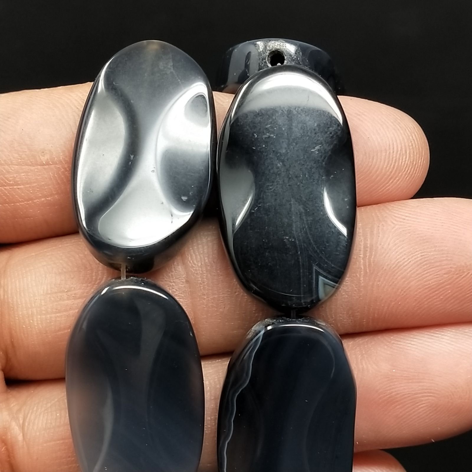 Onice Nera Naturale in Perline Forma Ovale Piatto Liscio Foro Passante 16X32mm