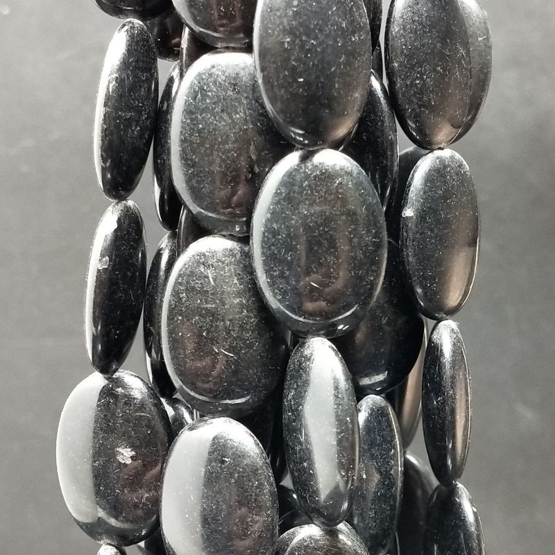 Agata Nera in Perline Forma Ovale Piatto Liscio Foro Passante 17X25mm