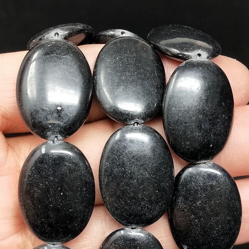 Agata Nera in Perline Forma Ovale Piatto Liscio Foro Passante 17X25mm