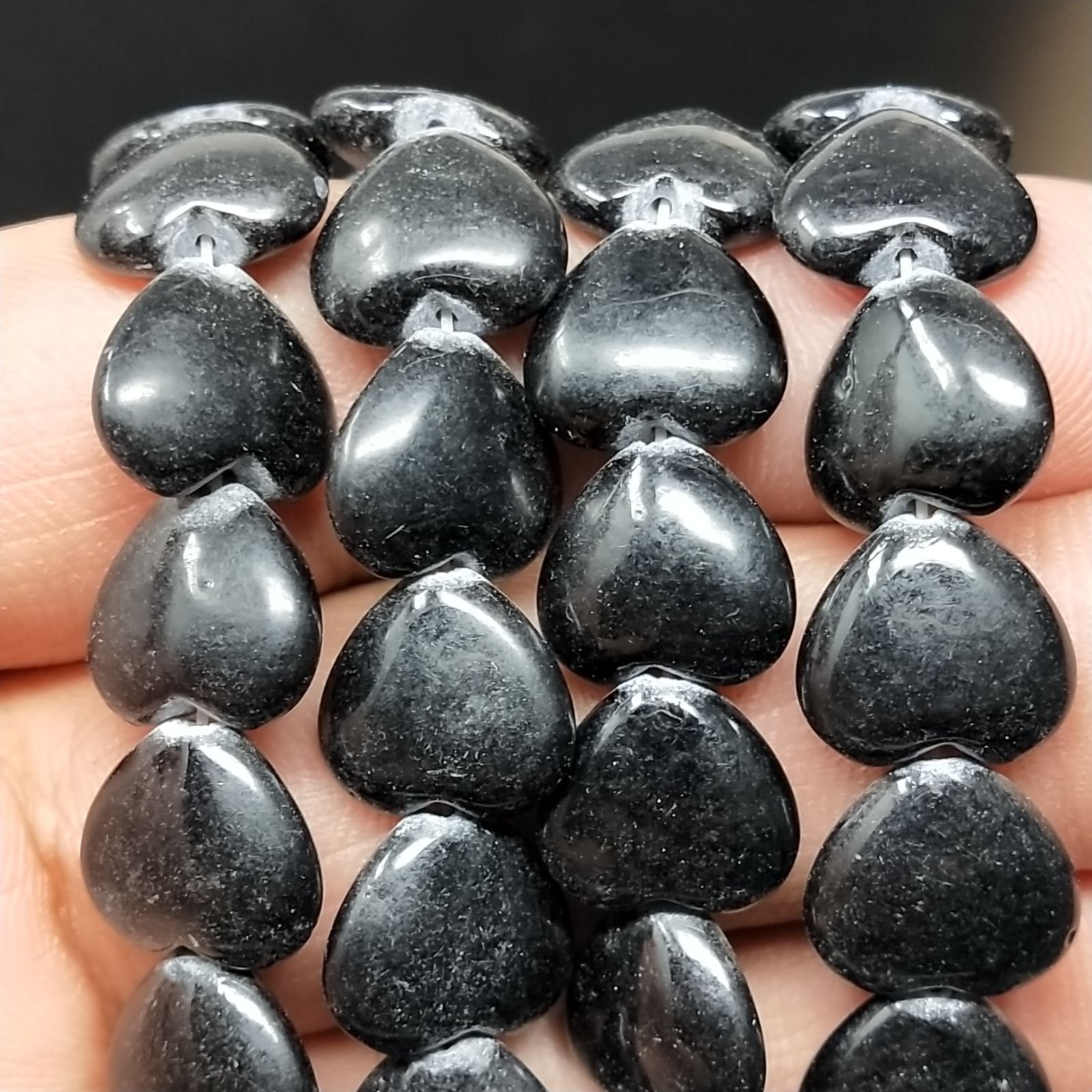 Agata Nera Perline Forma Cuore Piatto Liscio Foro Passante 11mm