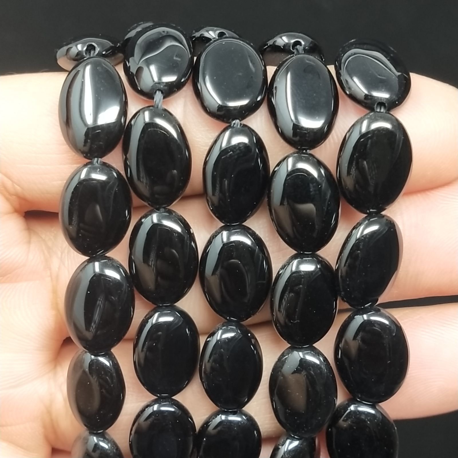 Onice Nera Naturale in Perline Forma Ovale Piatto Liscio Foro Passante 10X14mm