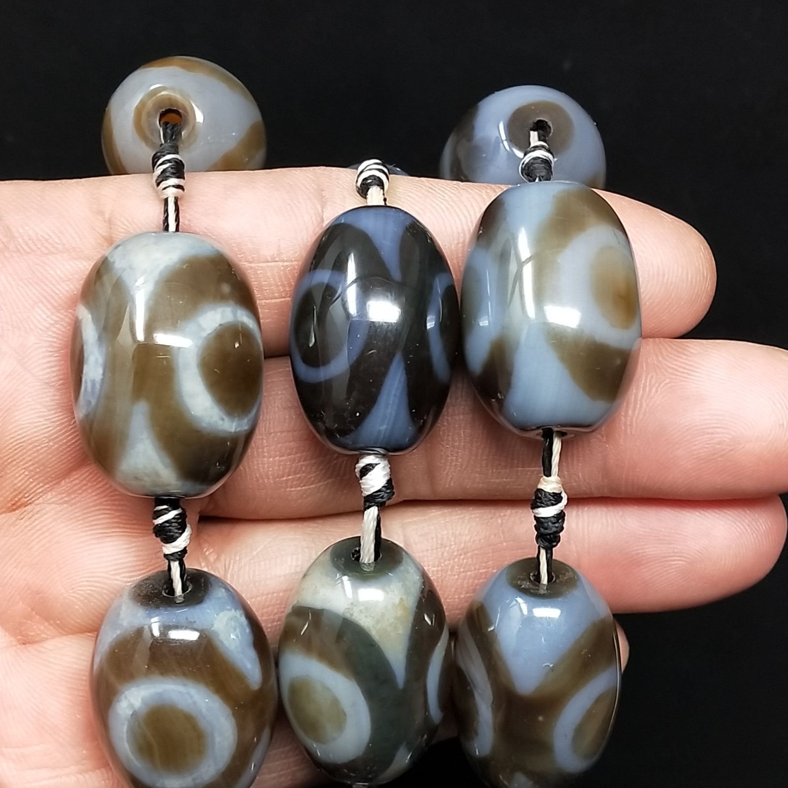Agata Tibetana Perline Forma Nero-Grigio Barilotto Stile Etnico Liscio 21X29mm