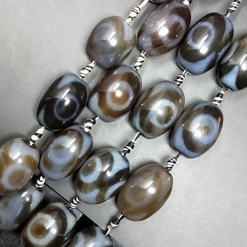 Agata Tibetana Perline Forma Nero-Grigio Barilotto Stile Etnico Liscio 21X29mm