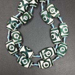 Agata Tibetana Verde-Bianco Perline Forma Barilotto Stile Etnico Liscio 16X24mm