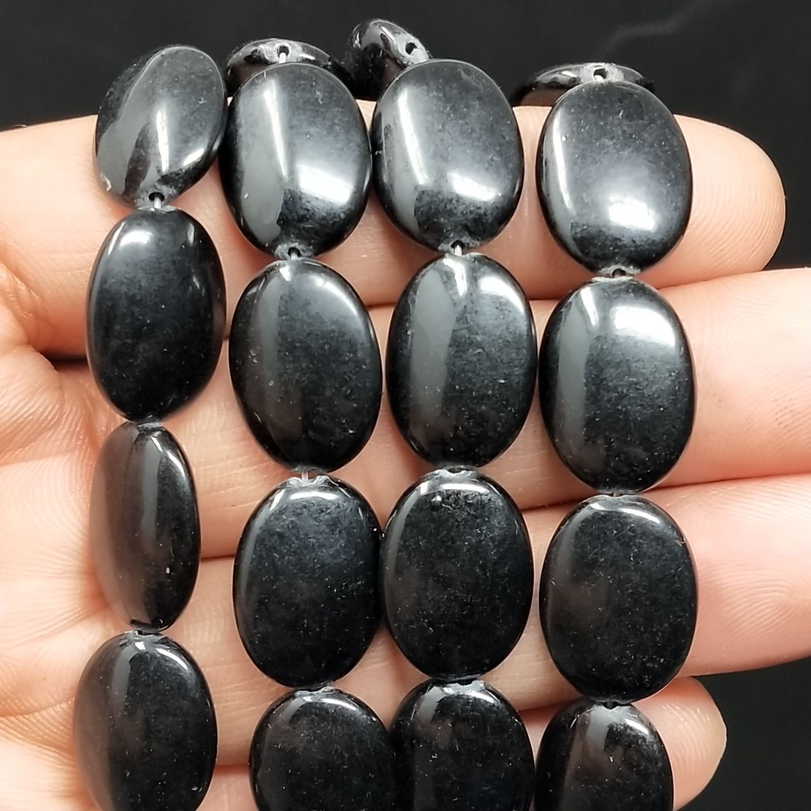 Agata Nera in Perline Forma Ovale Piatto Liscio Foro Passante 12X18mm