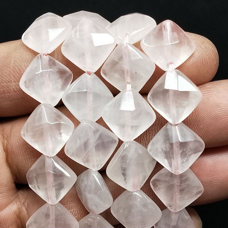 Quarzo Rosa Naturale Perline Forma Quadrato Piatto Sfaccettato Foro Diagonale 12mm