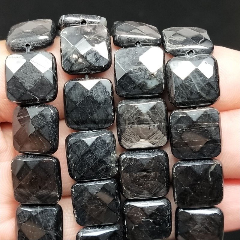 Tormalina Nera Naturale Perline Forma Quadrato Piatto Sfaccettato Foro Passante 12mm