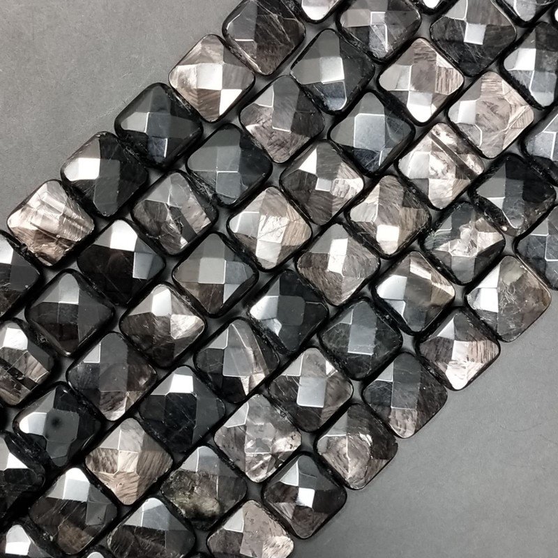 Tormalina Nera Naturale Perline Forma Quadrato Piatto Sfaccettato Foro Passante 12mm