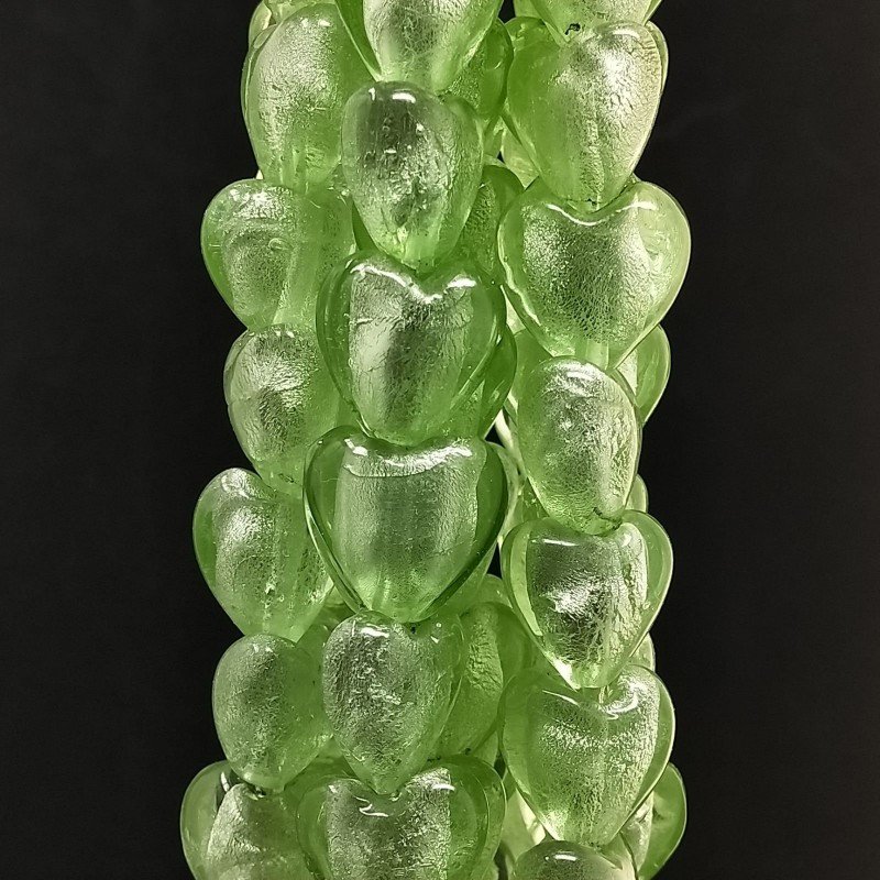 Perline in Vetro Stile Murano Verde Forma Cuore Piatto Liscio Foro Passante 15mm