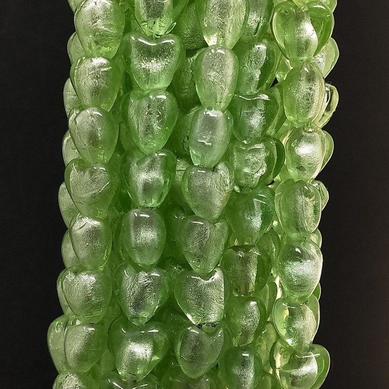 Perline in Vetro Stile Murano Verde Forma Cuore Piatto Liscio Foro Passante 12mm
