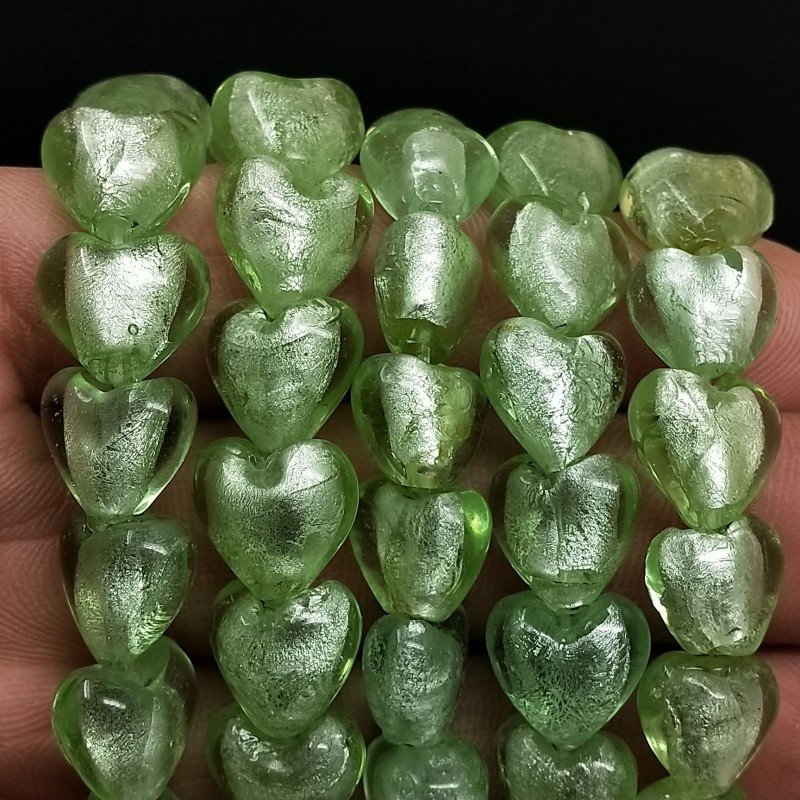 Perline in Vetro Stile Murano Verde Forma Cuore Piatto Liscio Foro Passante 12mm