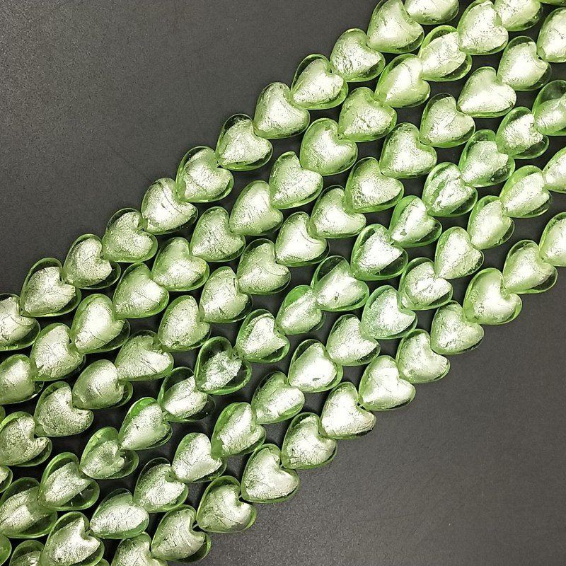 Perline in Vetro Stile Murano Verde Forma Cuore Piatto Liscio Foro Passante 12mm