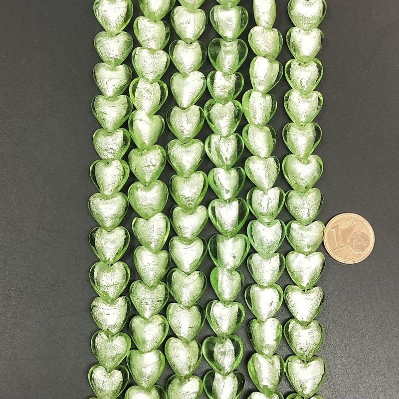 Perline in Vetro Stile Murano Verde Forma Cuore Piatto Liscio Foro Passante 12mm