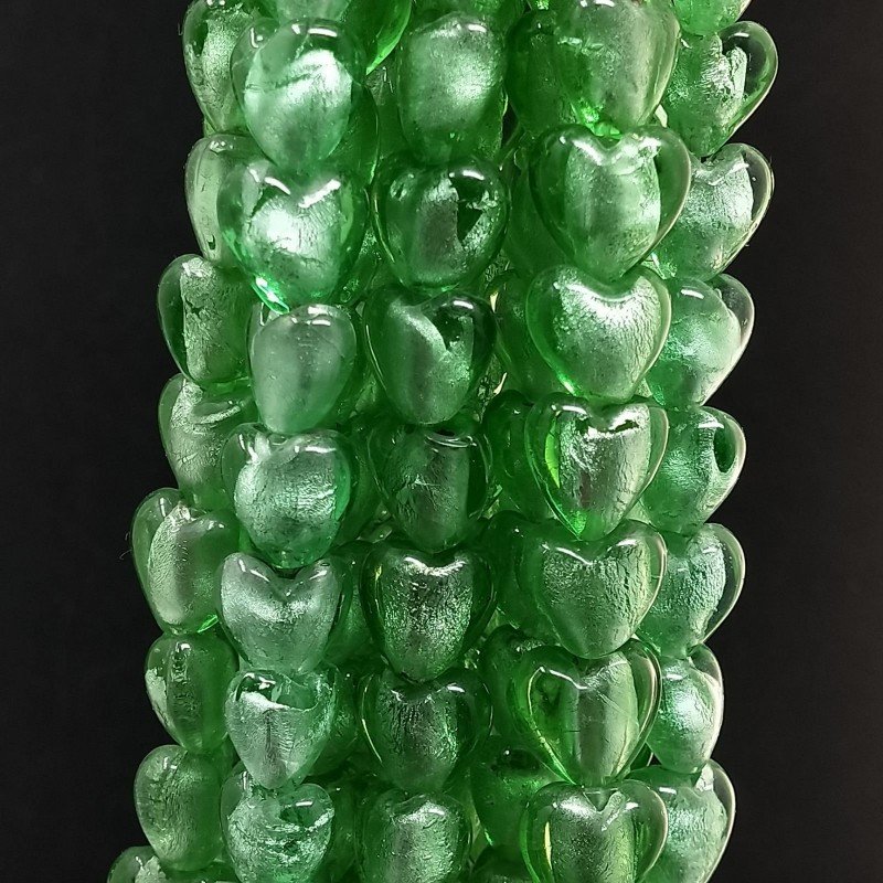 Perline in Vetro Stile Murano Verde scuro Forma Cuore Piatto Liscio Foro Passante 12mm