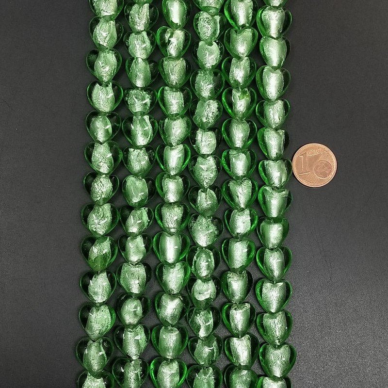 Perline in Vetro Stile Murano Verde scuro Forma Cuore Piatto Liscio Foro Passante 12mm