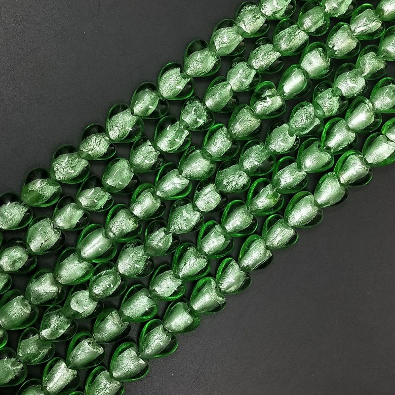 Perline in Vetro Stile Murano Verde scuro Forma Cuore Piatto Liscio Foro Passante 12mm