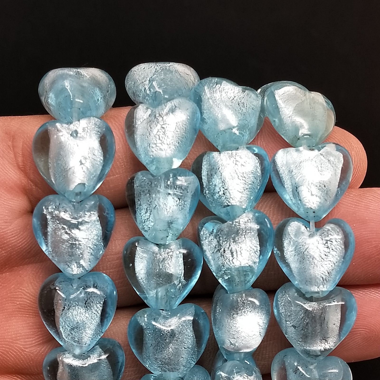 Perline in Vetro Stile Murano Azzurro Forma Cuore Piatto Liscio Foro Passante 15mm