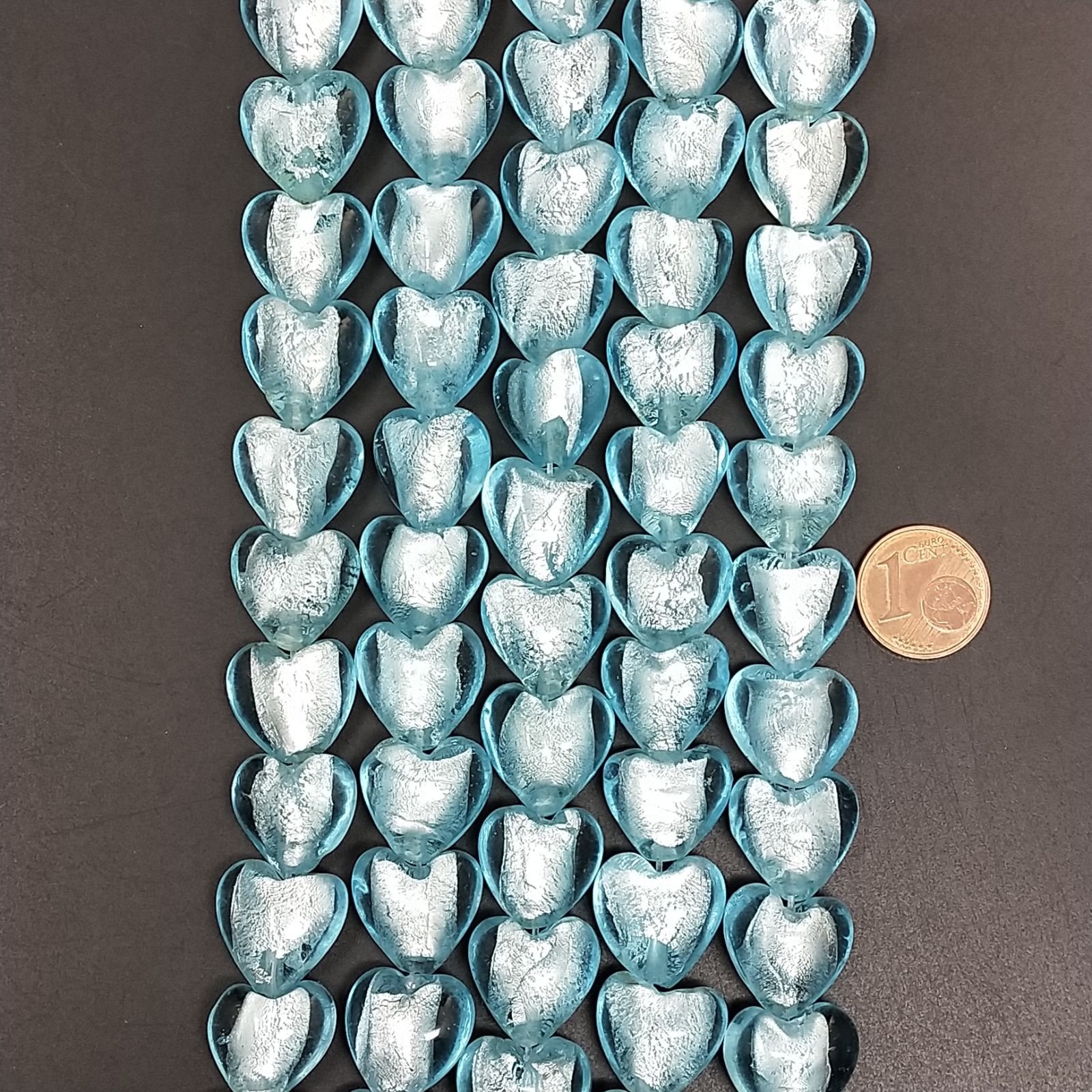 Perline in Vetro Stile Murano Azzurro Forma Cuore Piatto Liscio Foro Passante 15mm