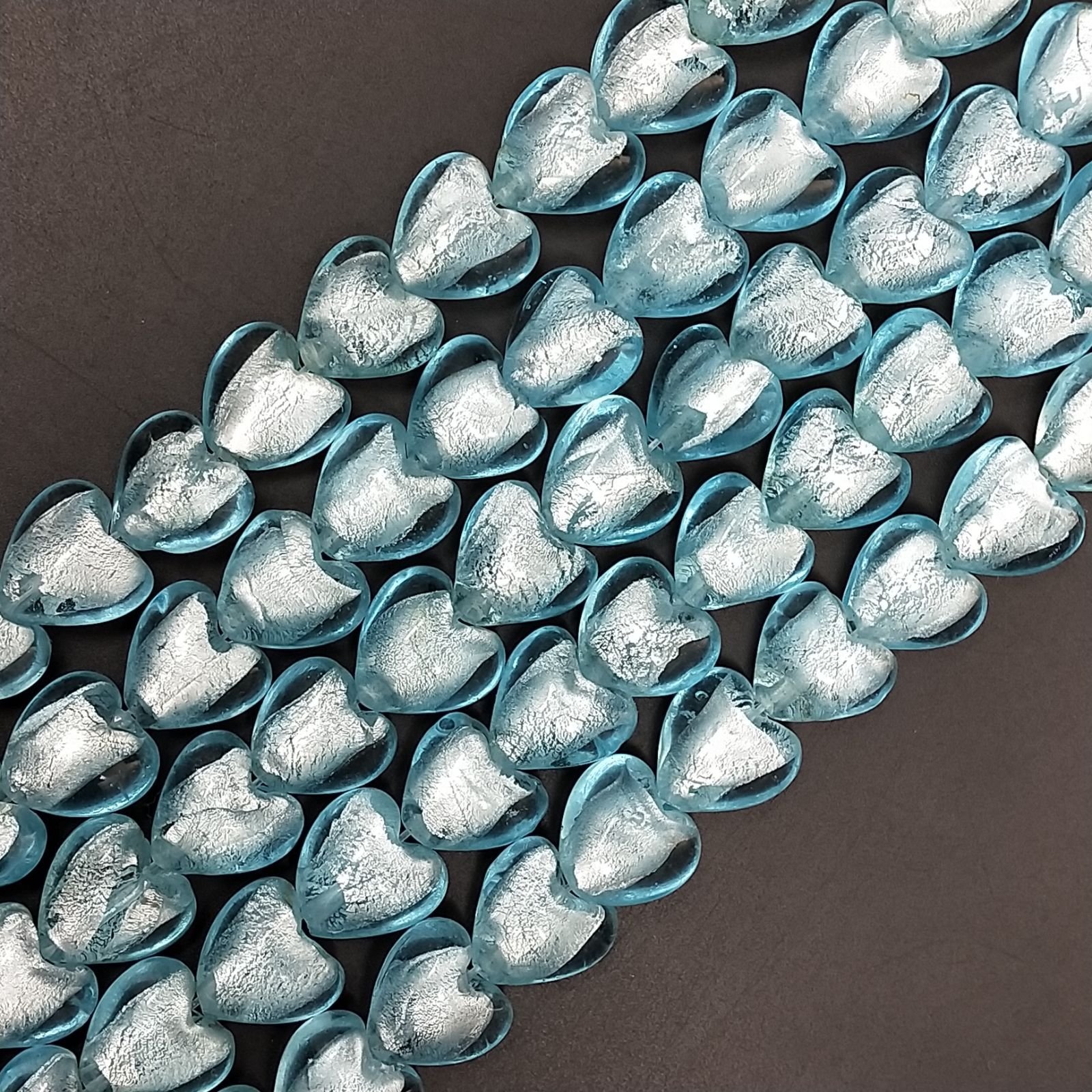 Perline in Vetro Stile Murano Azzurro Forma Cuore Piatto Liscio Foro Passante 15mm
