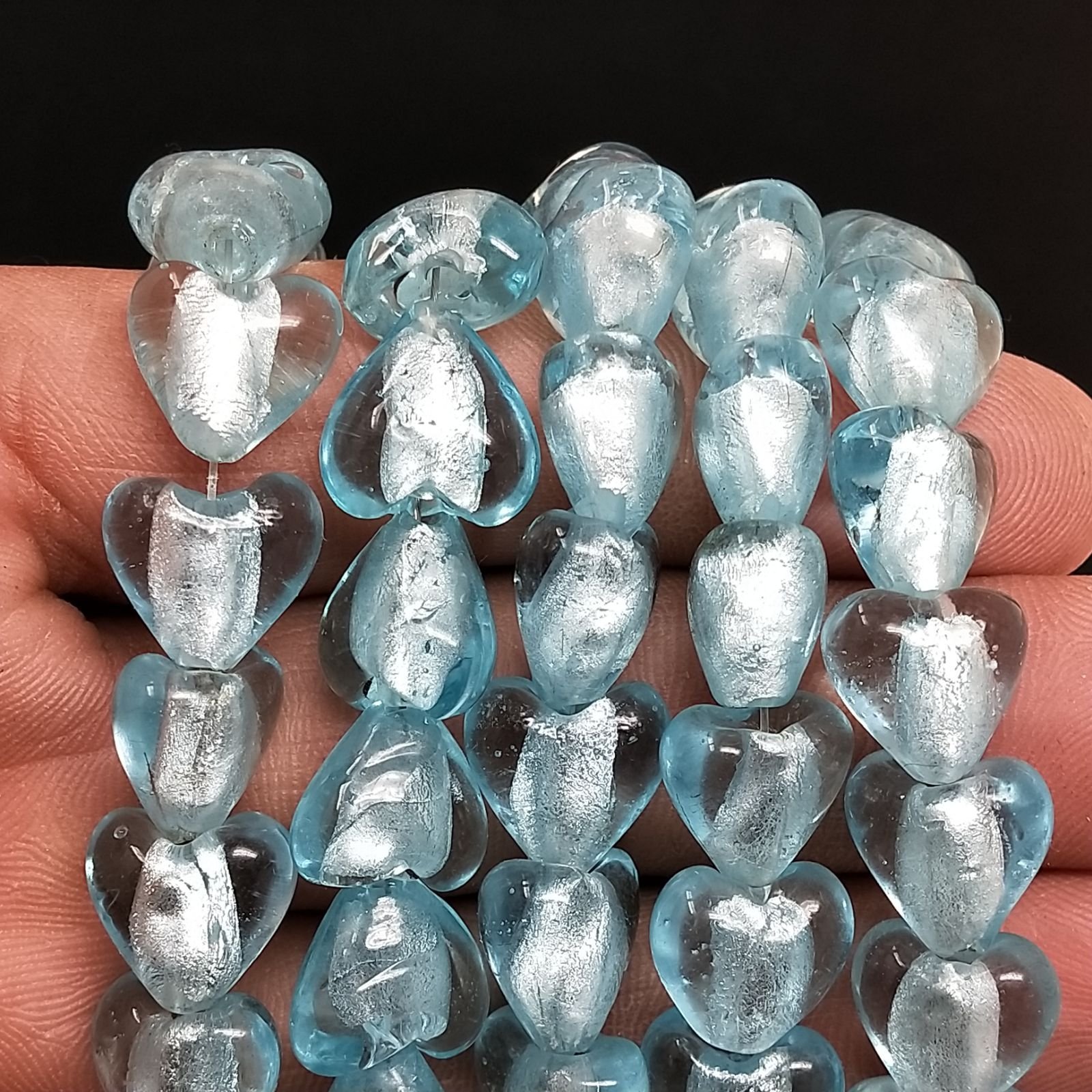 Perline in Vetro Stile Murano Azzurro Forma Cuore Piatto Liscio Foro Passante 12mm