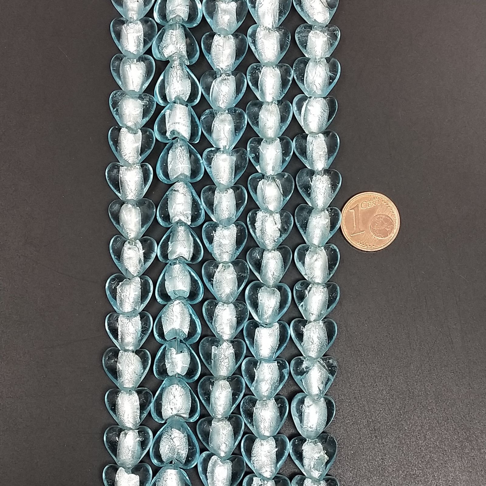 Perline in Vetro Stile Murano Azzurro Forma Cuore Piatto Liscio Foro Passante 12mm