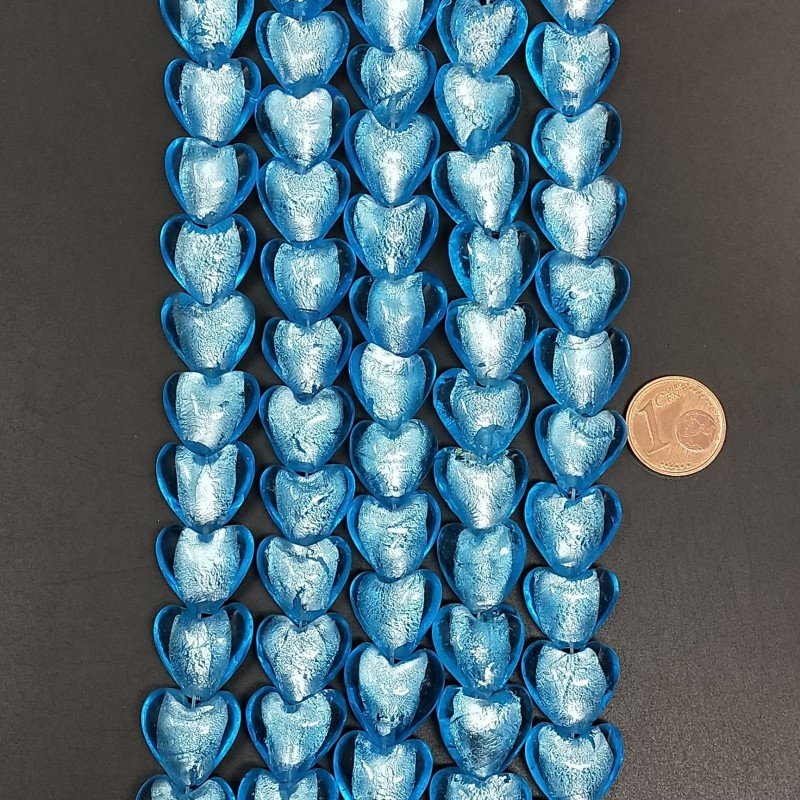 Perline in Vetro Stile Murano Blu Forma Cuore Piatto Liscio Foro Passante 15mm