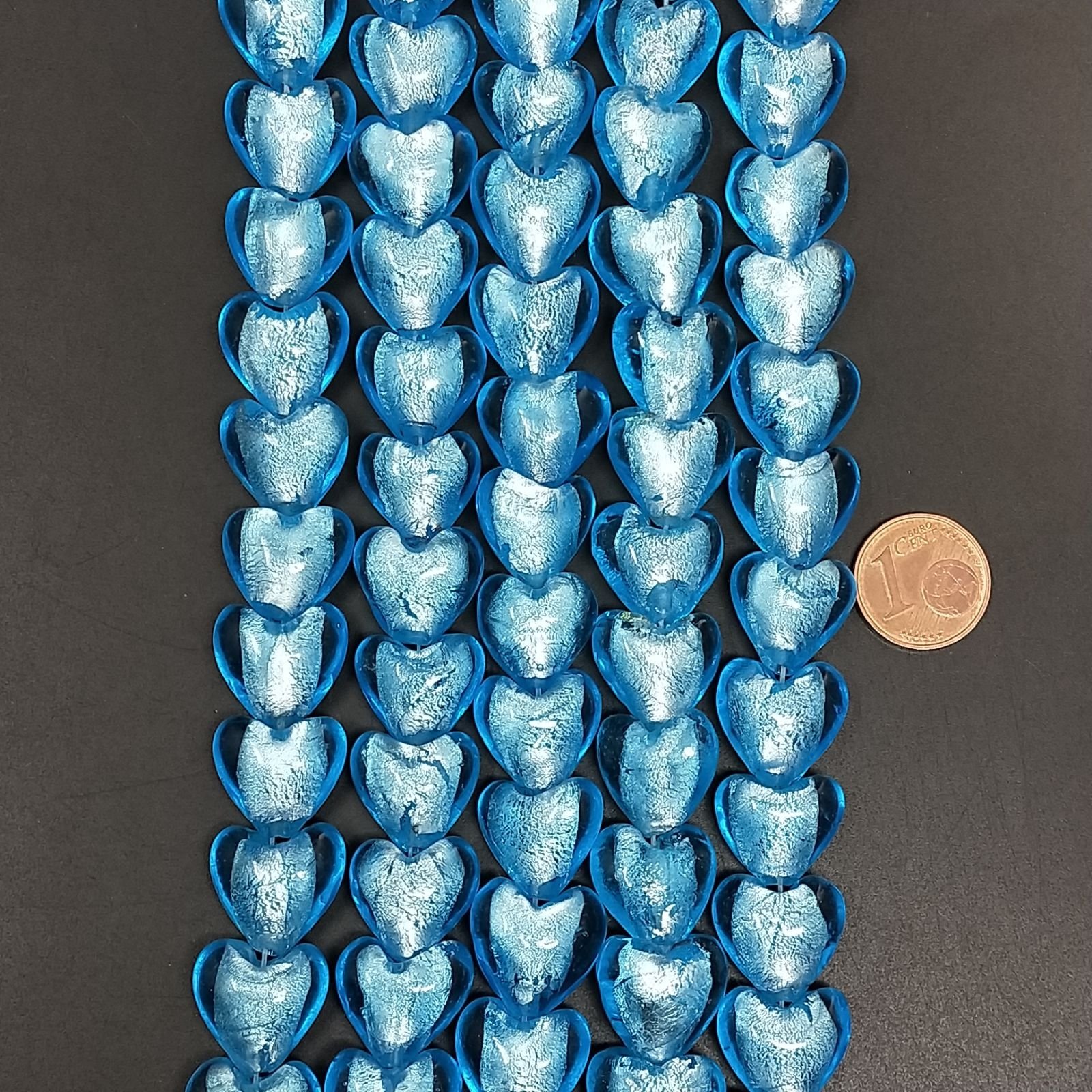 Perline in Vetro Stile Murano Blu Forma Cuore Piatto Liscio Foro Passante 15mm