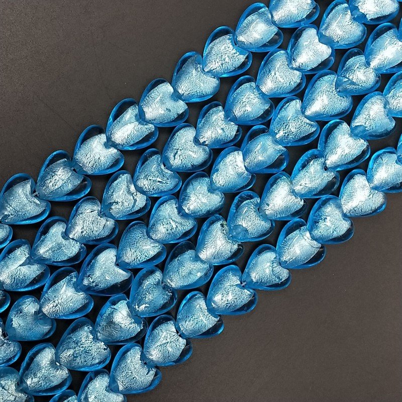 Perline in Vetro Stile Murano Blu Forma Cuore Piatto Liscio Foro Passante 15mm