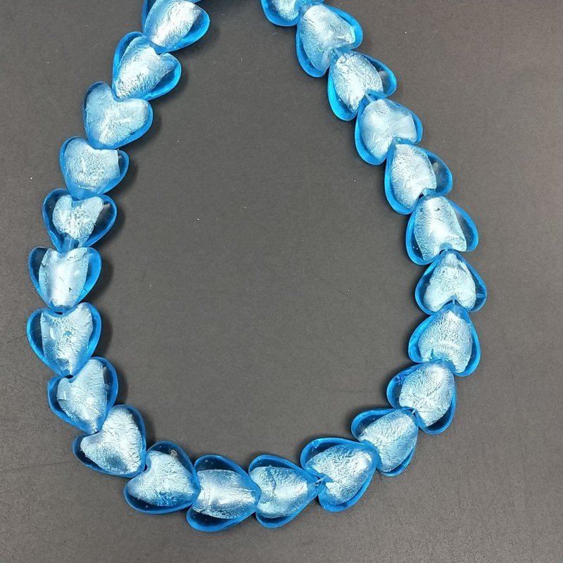 Perline in Vetro Stile Murano Blu Forma Cuore Piatto Liscio Foro Passante 15mm