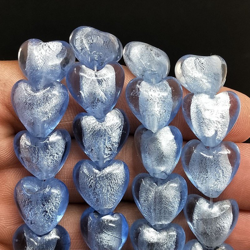 Perline in Vetro Stile Murano Blu Forma Cuore Piatto Liscio Foro Passante 15mm