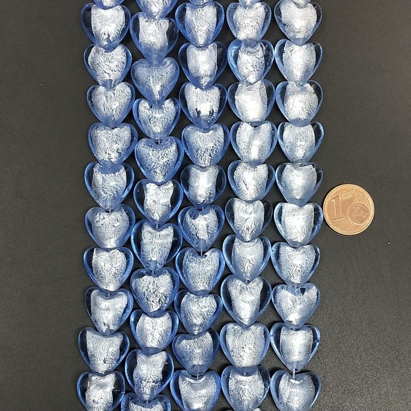 Perline in Vetro Stile Murano Blu Forma Cuore Piatto Liscio Foro Passante 15mm