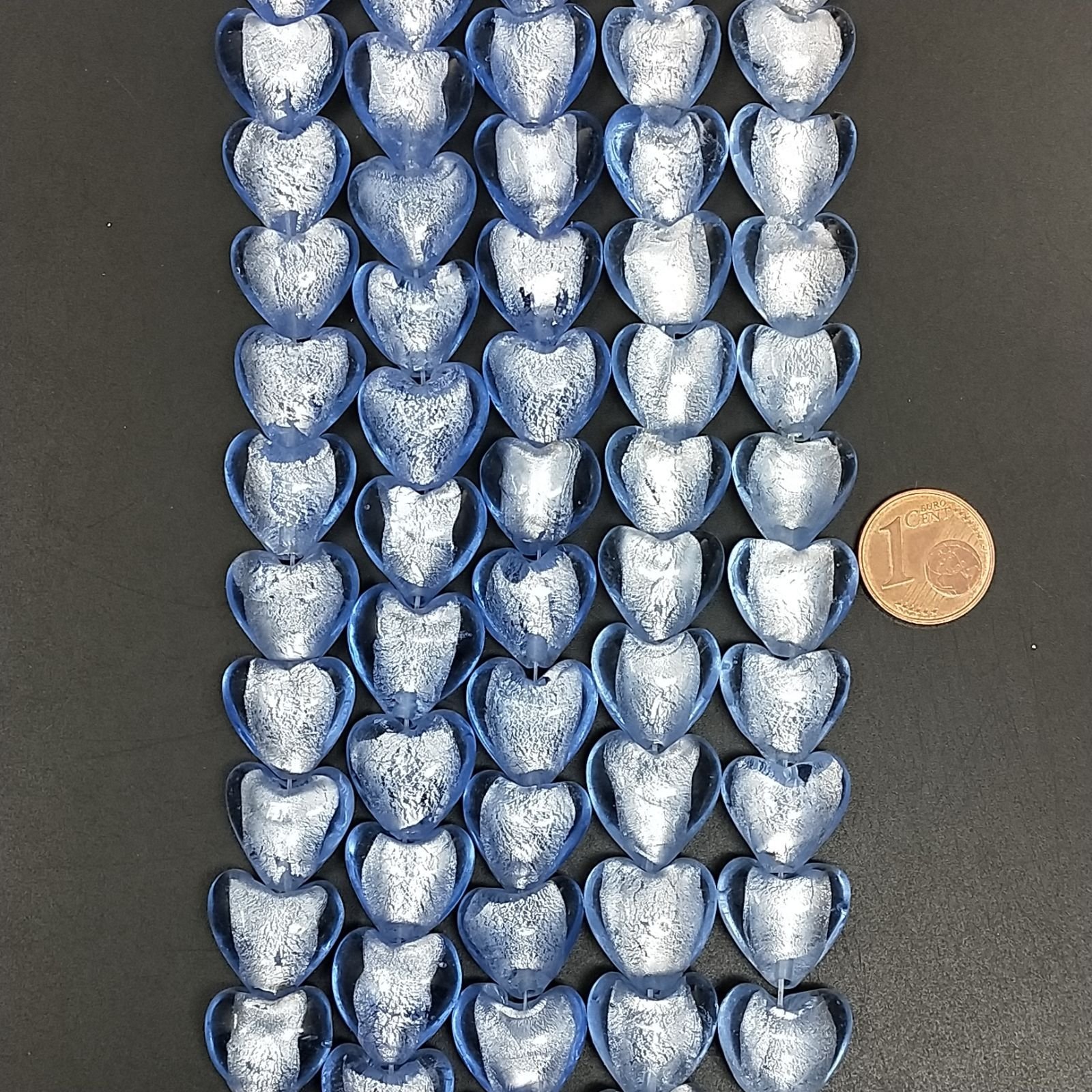 Perline in Vetro Stile Murano Blu Forma Cuore Piatto Liscio Foro Passante 15mm