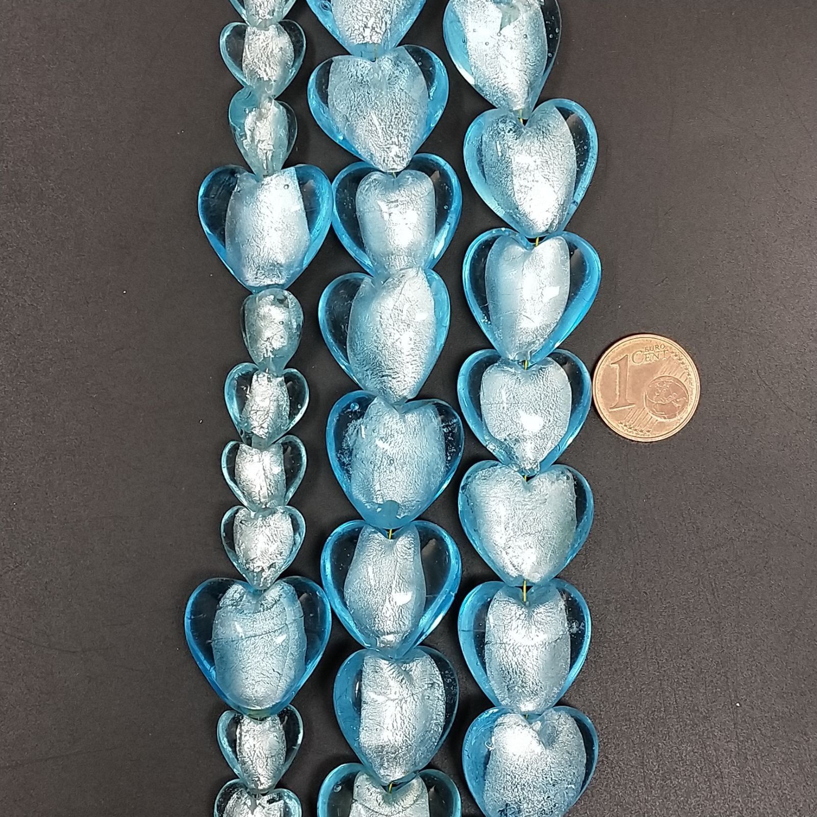 Perline in Vetro Stile Murano Azzurro Forma Cuore Piatto Liscio Foro Passante 20mm
