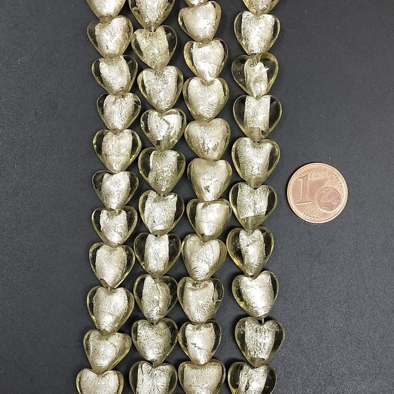 Perline in Vetro Stile Murano Champagne Forma Cuore Piatto Liscio Foro Passante 12mm