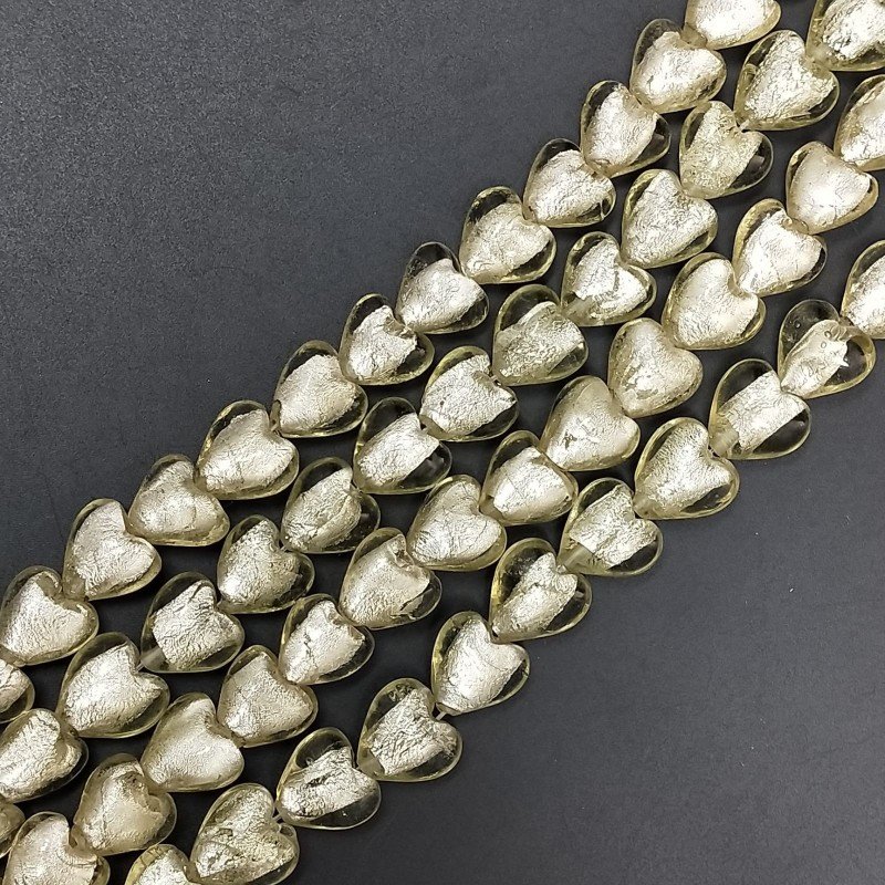 Perline in Vetro Stile Murano Champagne Forma Cuore Piatto Liscio Foro Passante 12mm