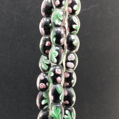 Perline in Vetro Stile Murano Fiori Disegno Forma Barilotto Liscio Foro Passante Nero 8X10mm
